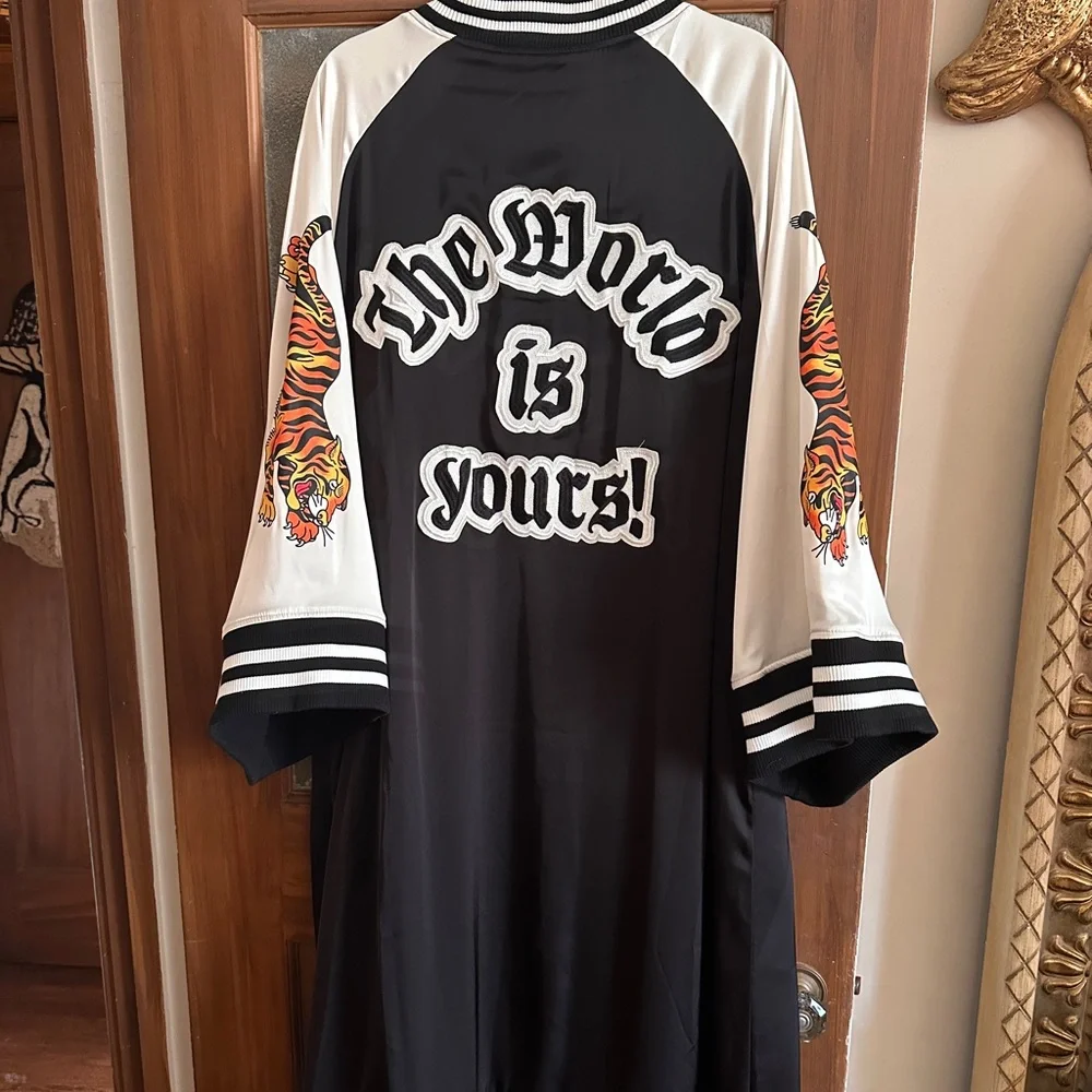 Dressed in LALA The World Is Yours! Black and White Graphic Long Jacket - Picture 1 of 3